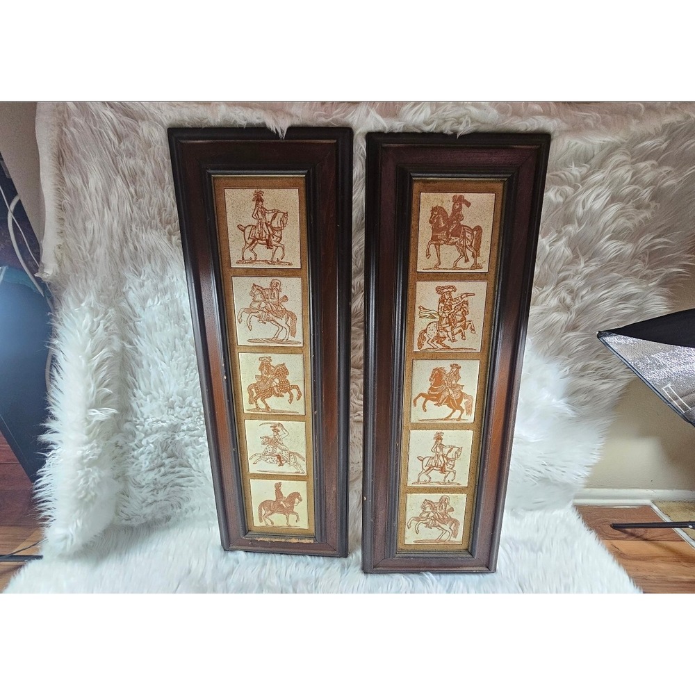 Vtg Fornasetti Milano Italian Knights Frame Wall Art Ceramic Tile Medieval #1 #2